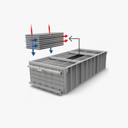 Industriële economiser voor restwarmteterugwinning bij lage rookgastemperaturen met water als medium.