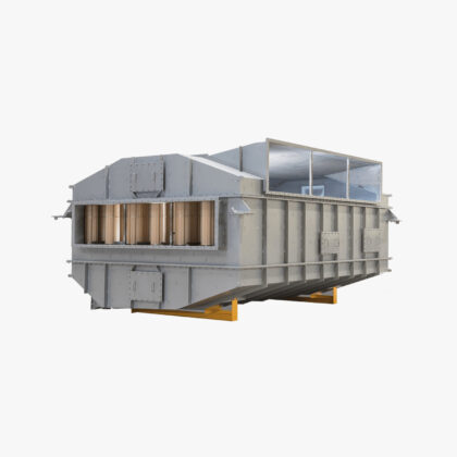 Industriële luchtvoorverwarmer met polymeren warmtewisselaarmodules voor warmteterugwinning uit rookgassen.