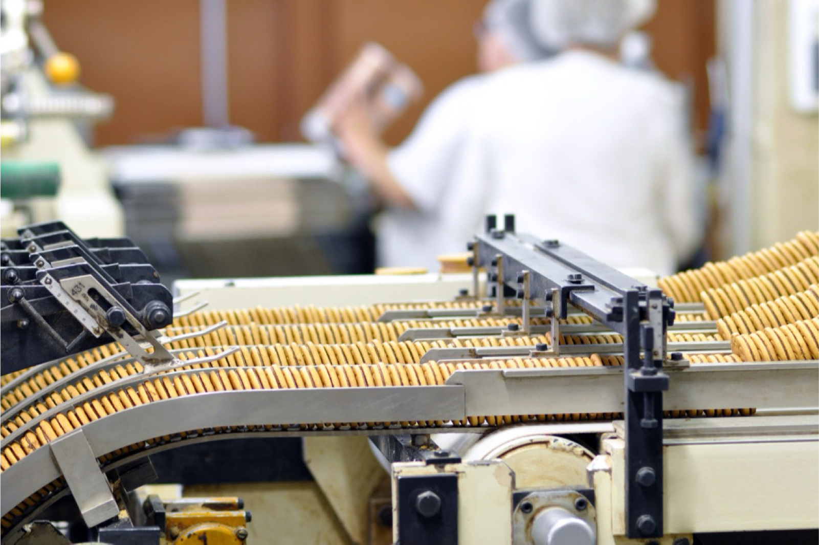 Industriële koekjeslijn met honderden koekjes op een lopende band in een moderne fabriek, met vaag zichtbare medewerkers op de achtergrond.