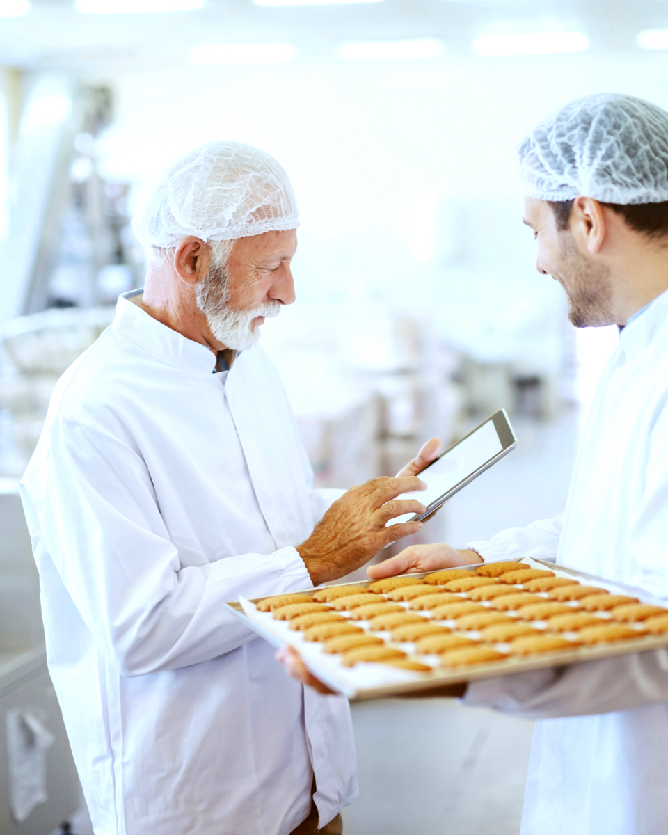 Twee bakkers in witte kleding en haarnetjes bespreken een productieproces met een tablet in een industriële bakkerij.