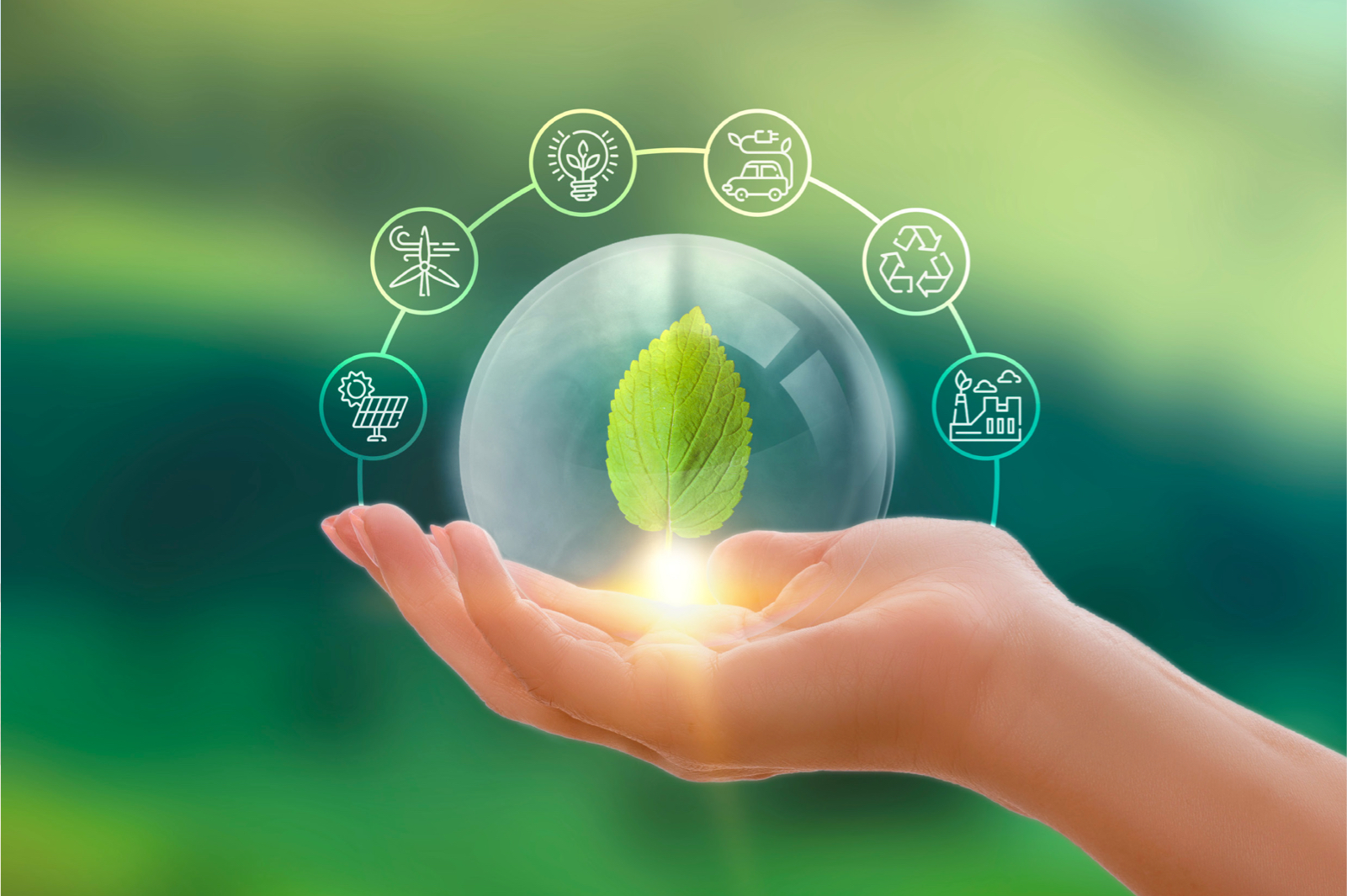 Hand met blad in glazen bol als symbool voor CO₂-reductie en duurzame energie